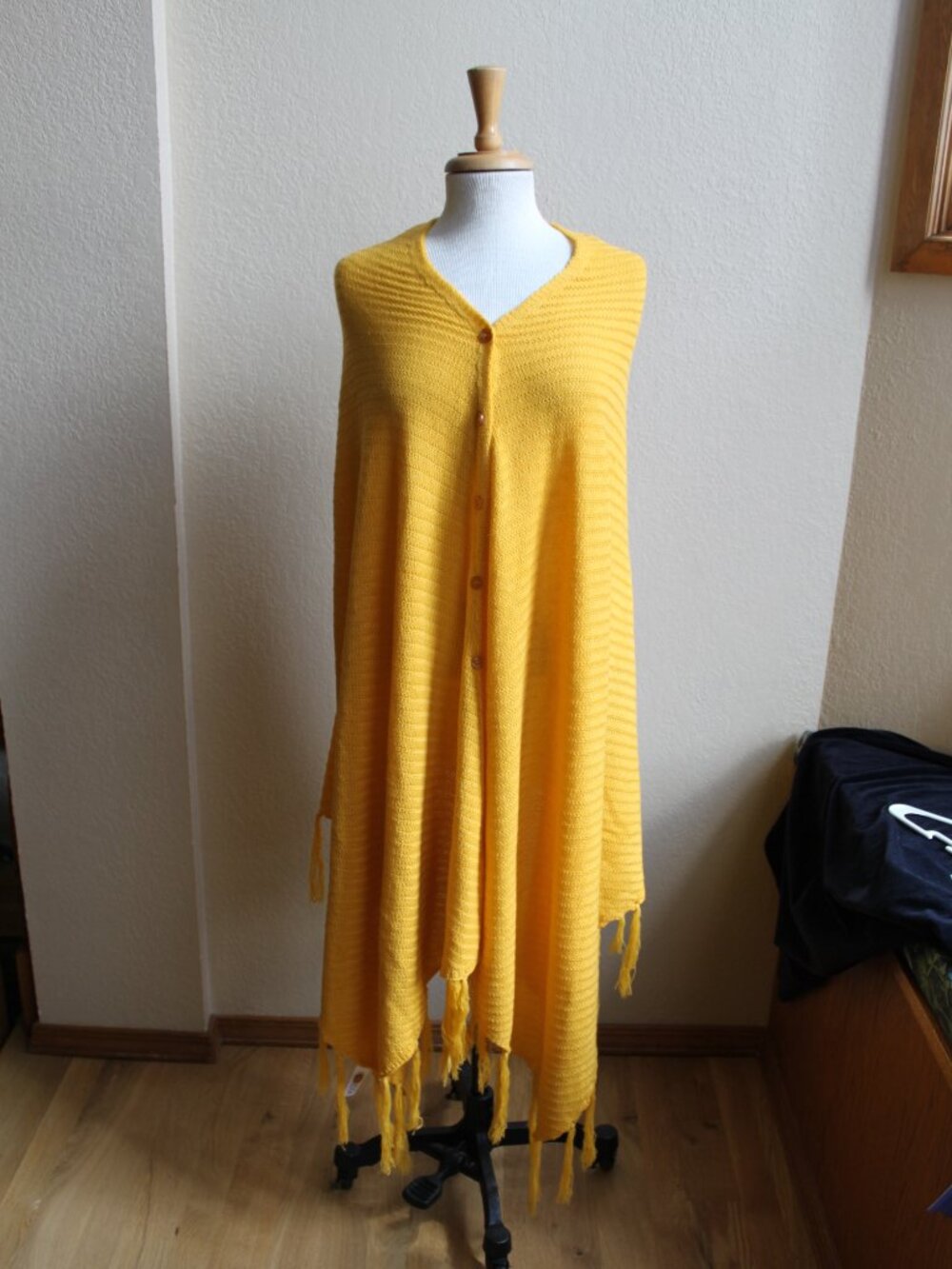 Lularoe Long Golden Yellow Knit Poncho with Fringe One Size S M L XL 40" long
